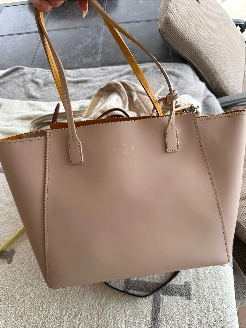 kate spade pale pink tote with yellow interior